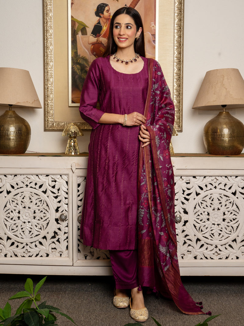 Wine Tussar Silk Handblock Print Round Neck Complete Suit Set For Women's