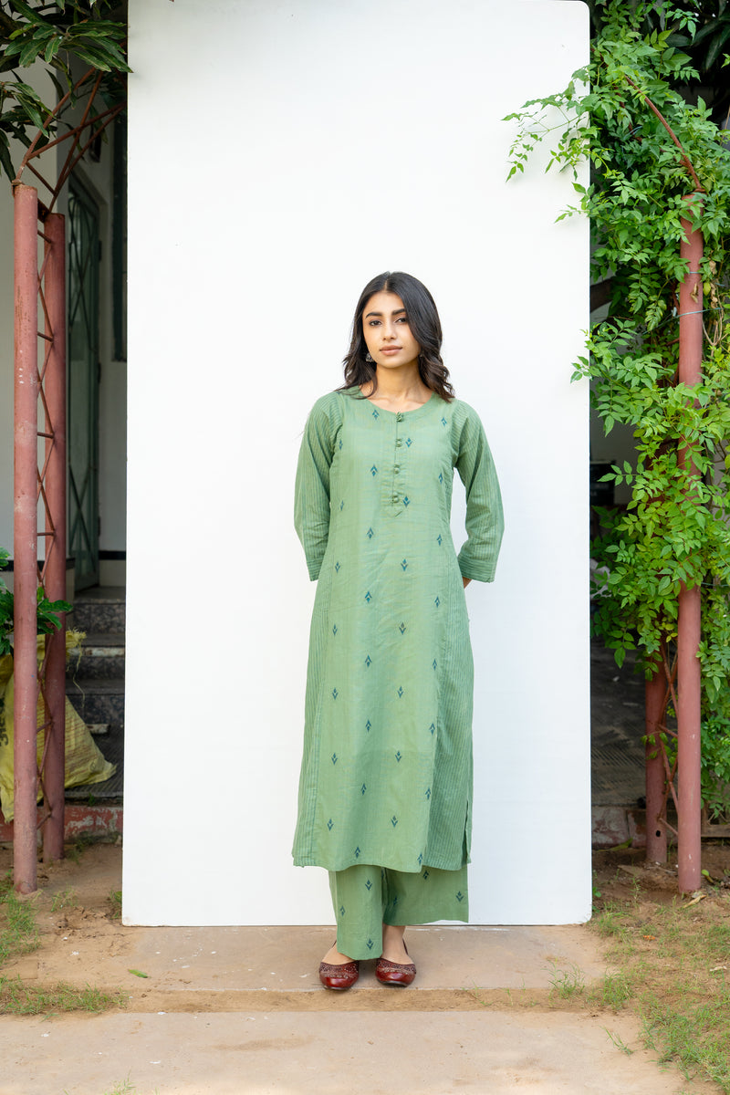 Sage Green Cotton Handloom Kurta Pant Set For Women's