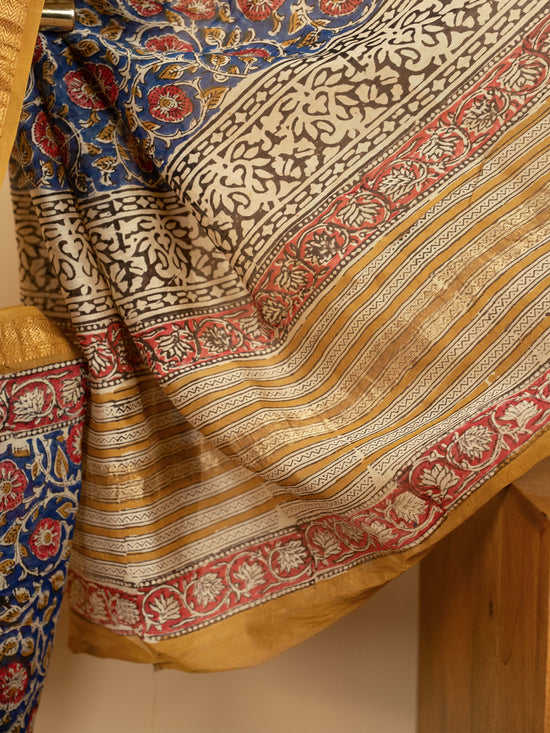 Light Blue Color Chanderi Block Printed Saree