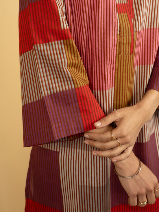 Multicolor Cotton Round With V Neck Striped Print Lounge Wear