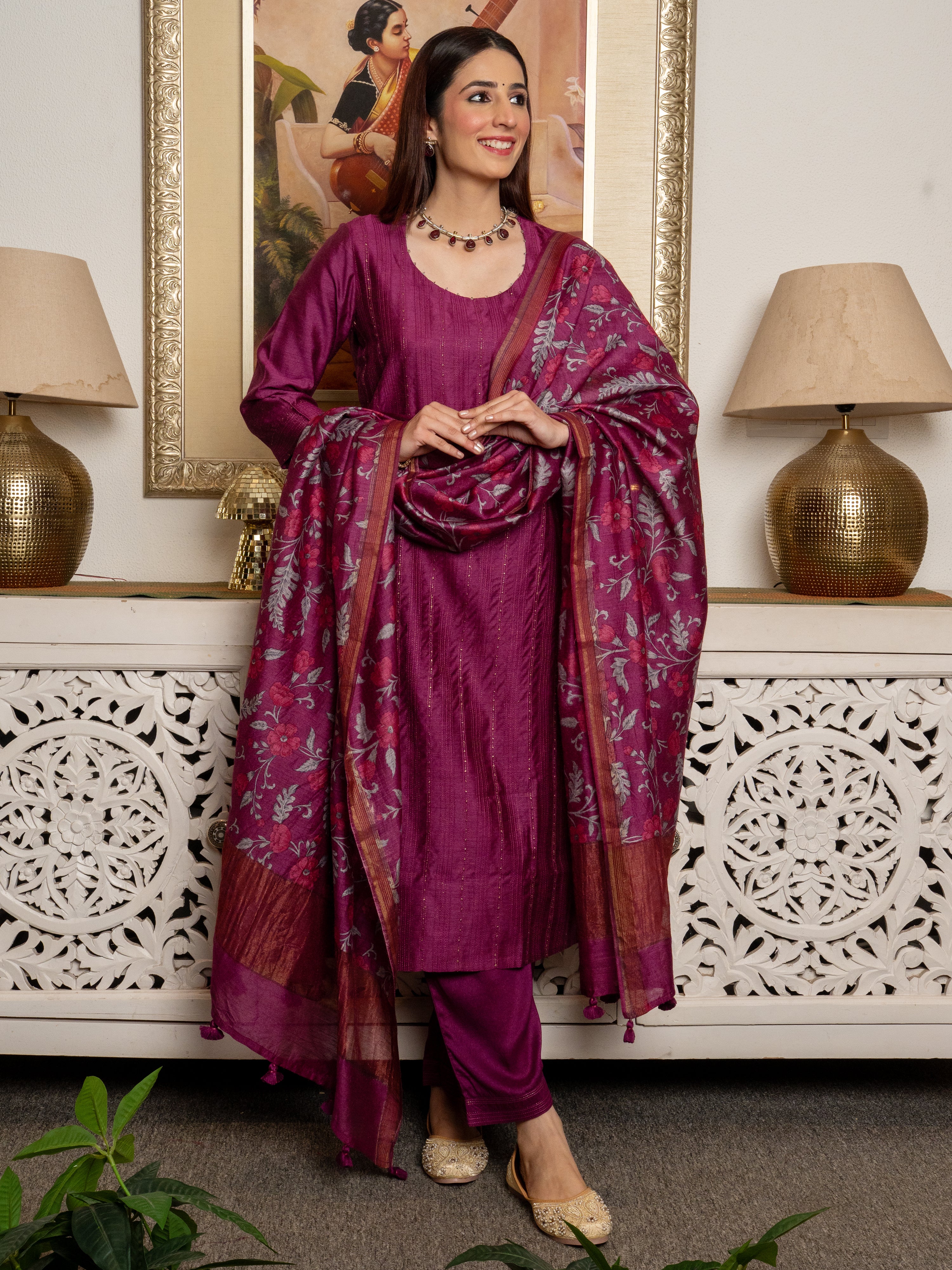 Wine Tussar Silk Handblock Print Round Neck Complete Suit Set For Women's