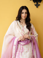 White & Pink Pure Banarasi Round Neck Complete Suit Set For Women's