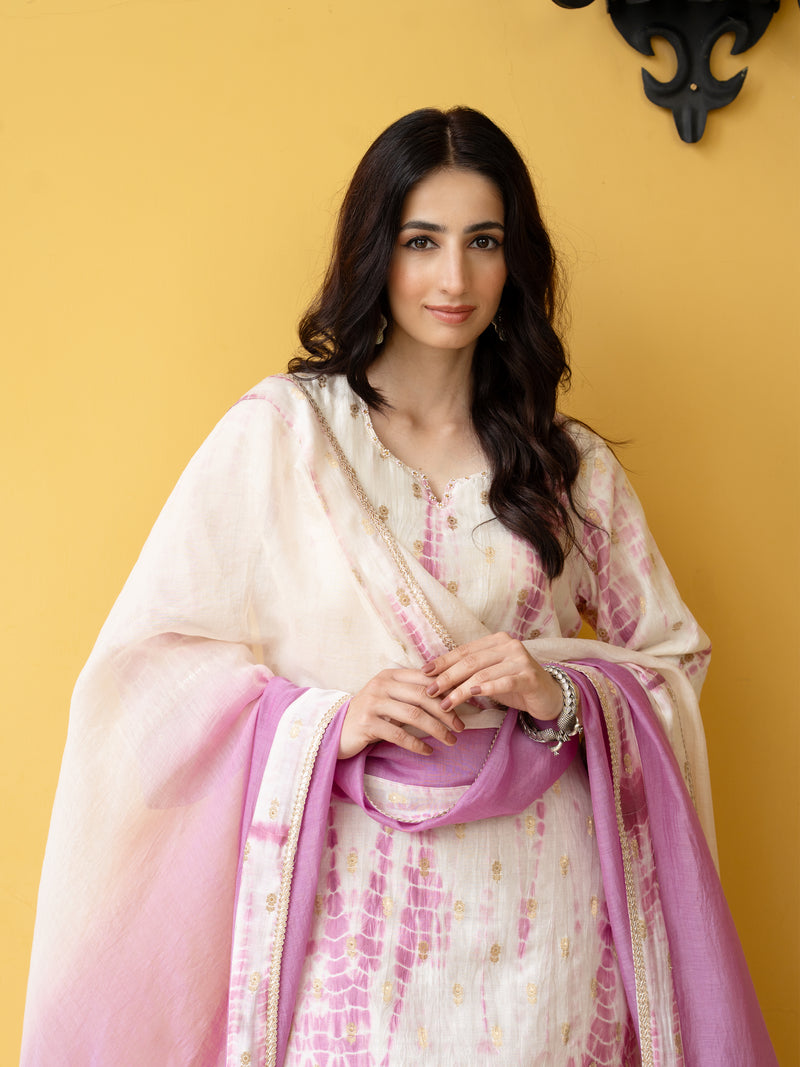 White & Pink Pure Banarasi Round Neck Complete Suit Set For Women's