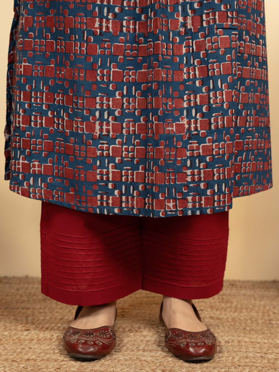 Indigo Colour Cotton Round With V-Neck Floral Print Mirror, Sequence And Pintucks