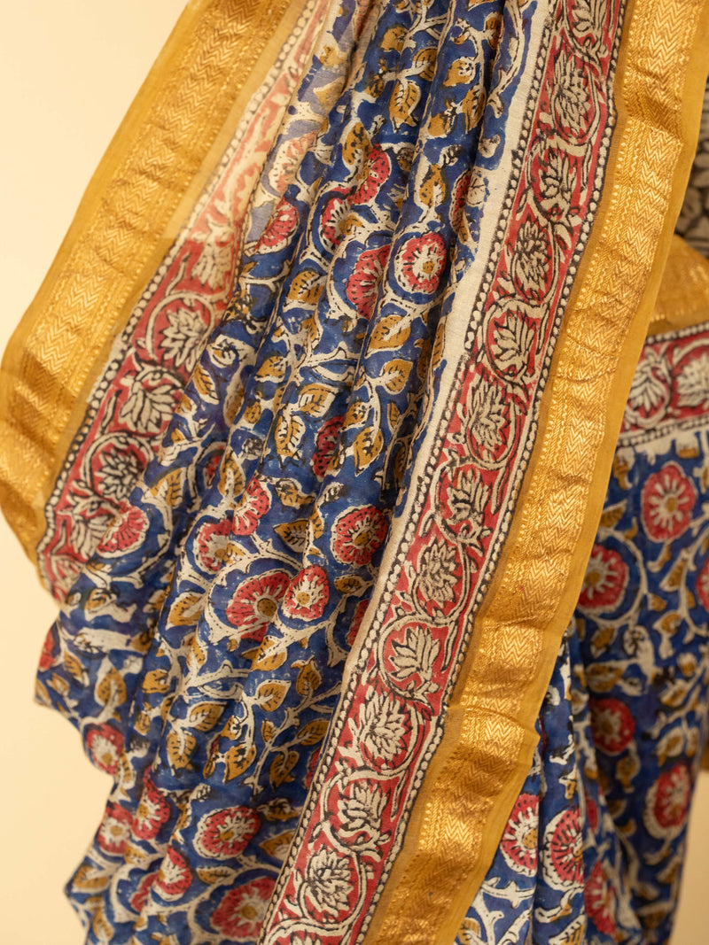 Light Blue Color Chanderi Block Printed Saree