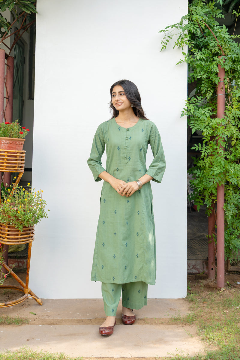 Sage Green Cotton Handloom Kurta Pant Set For Women's