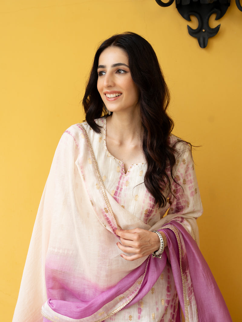 White & Pink Pure Banarasi Round Neck Complete Suit Set For Women's