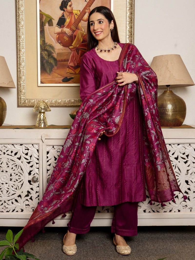 Wine Tussar Silk Handblock Print Round Neck Complete Suit Set For Women's
