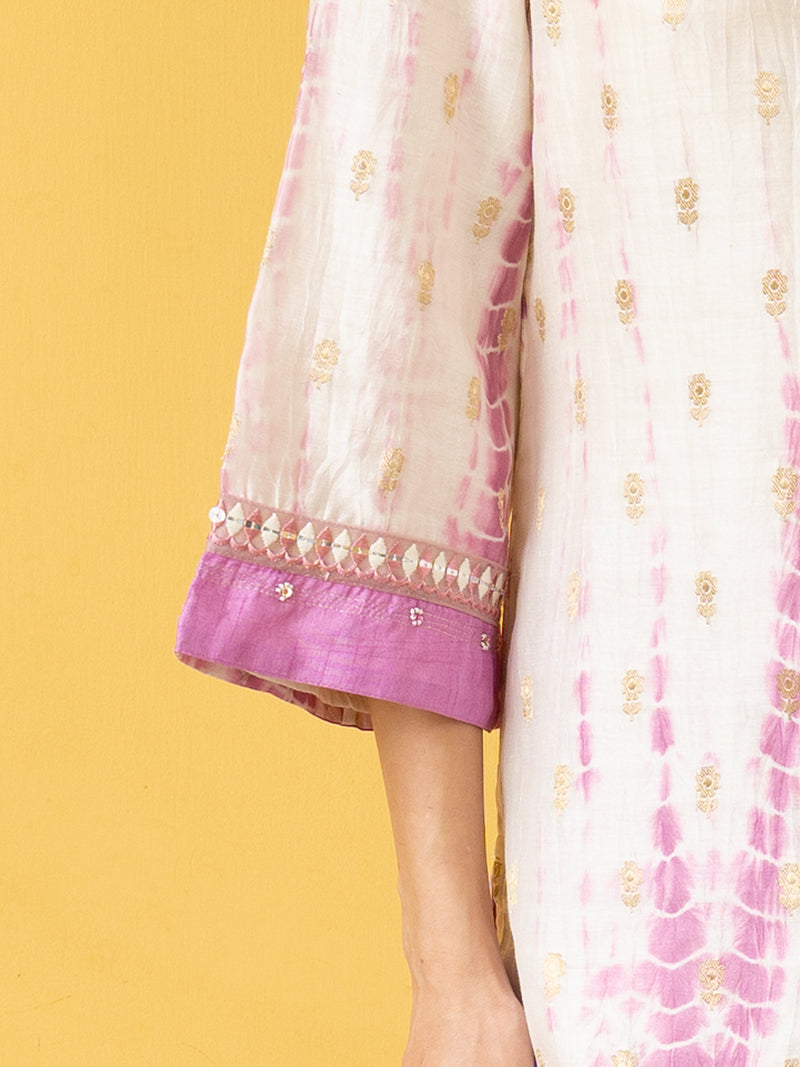 White & Pink Pure Banarasi Round Neck Complete Suit Set For Women's