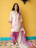 White & Pink Pure Banarasi Round Neck Complete Suit Set For Women's