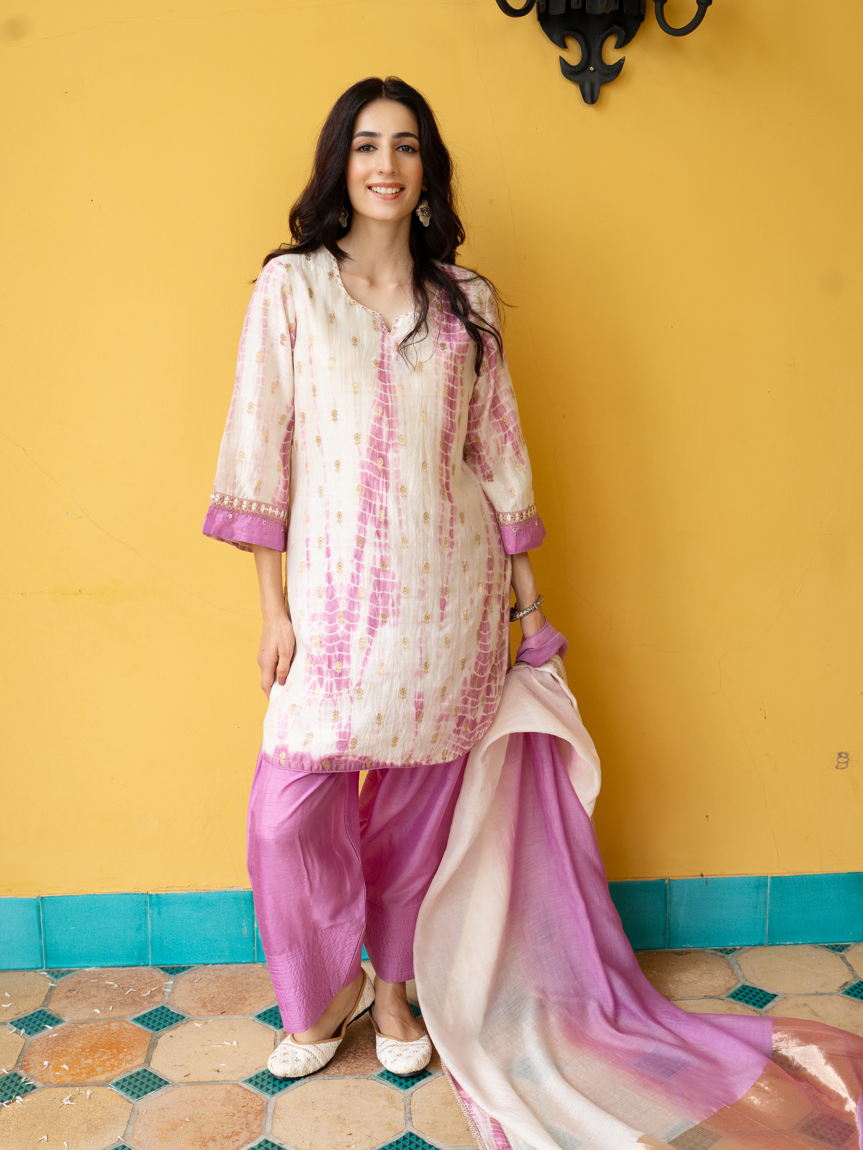 White & Pink Pure Banarasi Round Neck Complete Suit Set For Women's