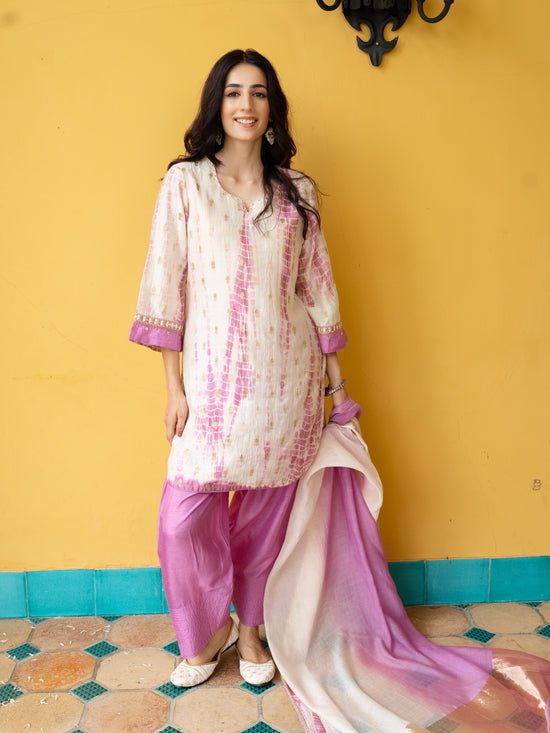 White & Pink Pure Banarasi Round Neck Complete Suit Set For Women's