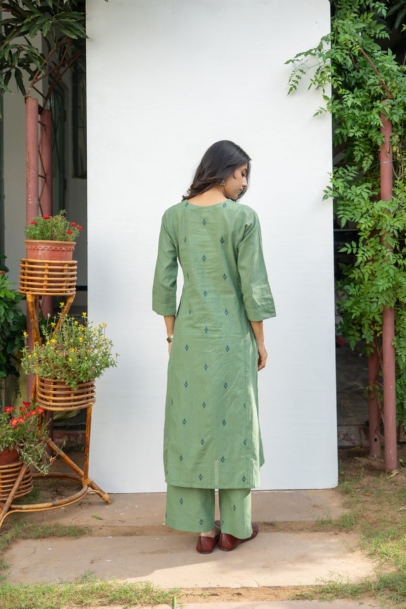 Sage Green Cotton Handloom Kurta Pant Set For Women's