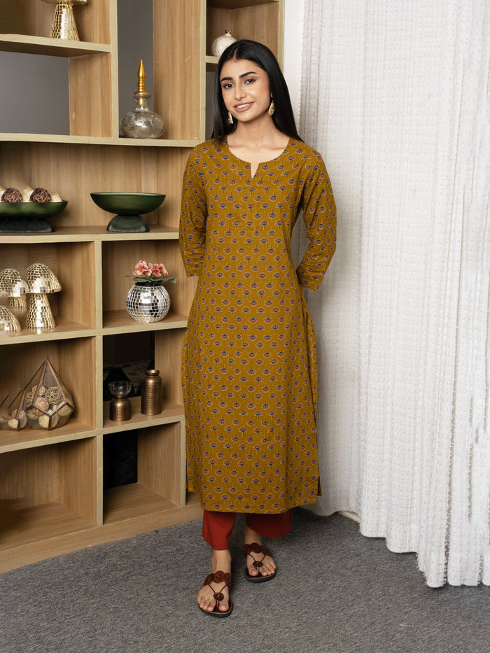 Musturd -cotton-Round With V- neck-printed-kurta-for-womens