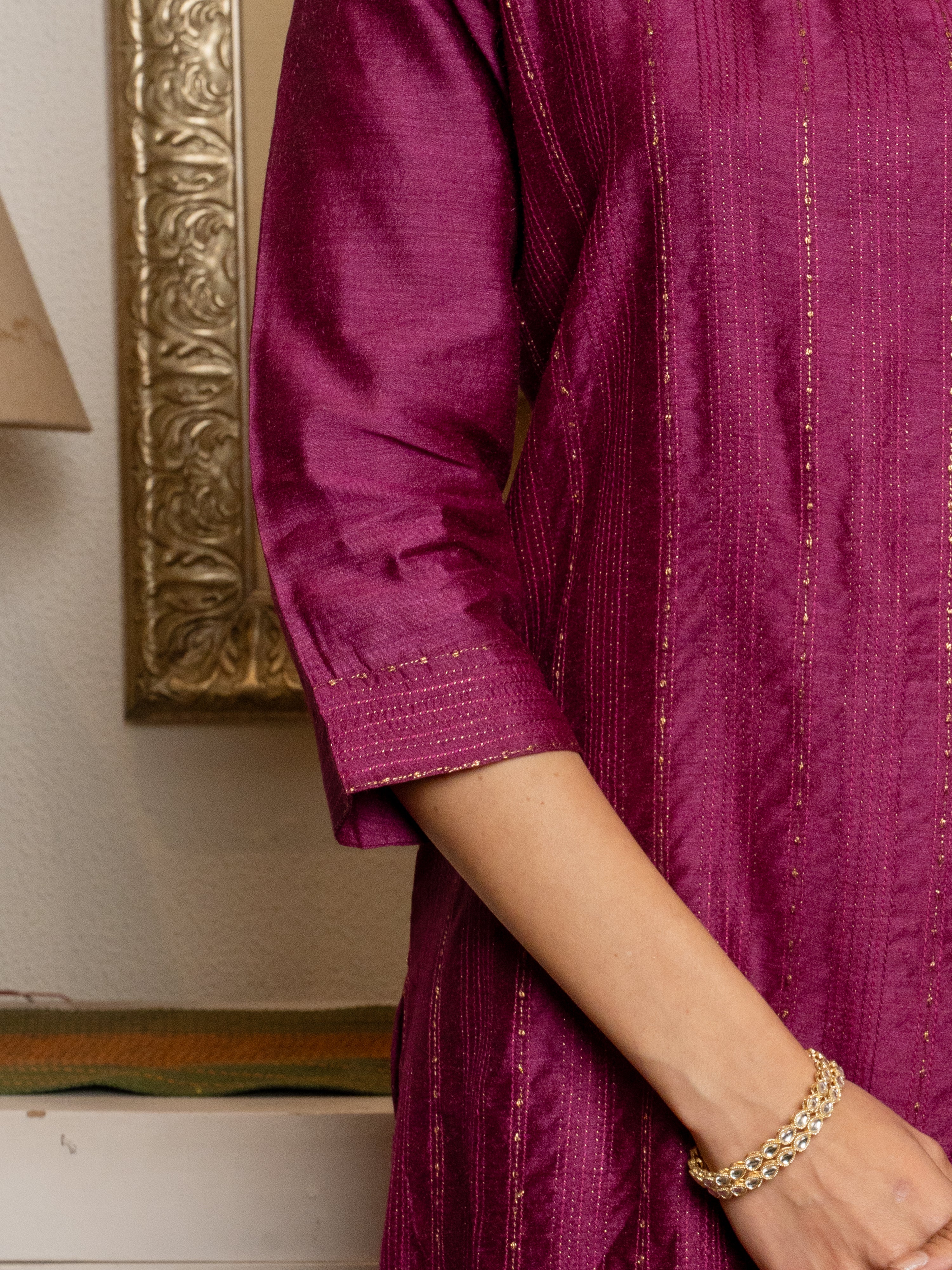 Wine Tussar Silk Handblock Print Round Neck Complete Suit Set For Women's