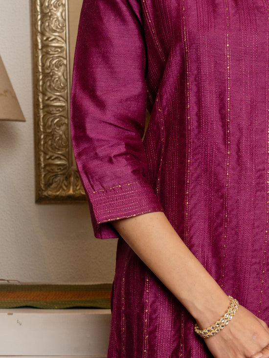 Wine Tussar Silk Handblock Print Round Neck Complete Suit Set For Women's