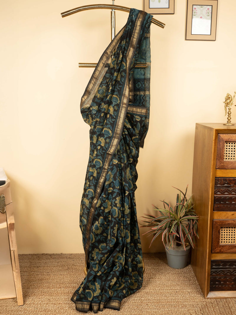 Black Color Chanderi Block Printed Saree