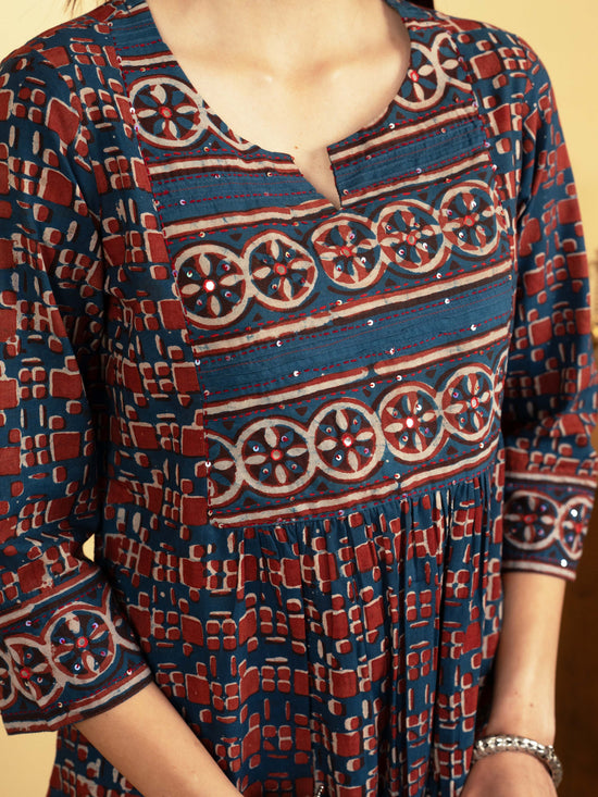 Indigo Colour Cotton Round With V-Neck Floral Print Mirror, Sequence And Pintucks