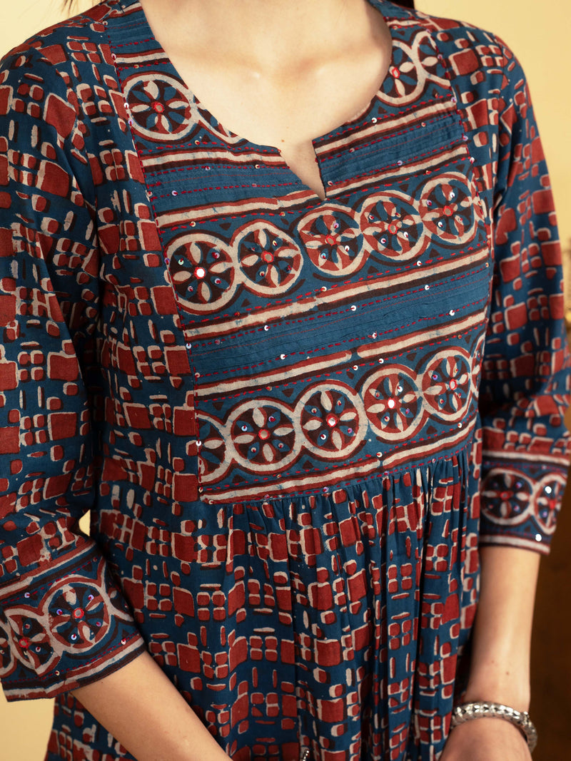 Indigo Colour Cotton Round With V-Neck Floral Print Mirror, Sequence And Pintucks