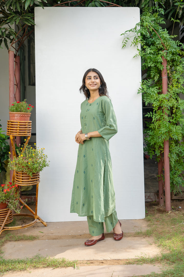 Sage Green Cotton Handloom Kurta Pant Set For Women's