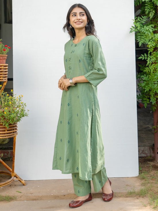 Sage Green Cotton Handloom Kurta Pant Set For Women's