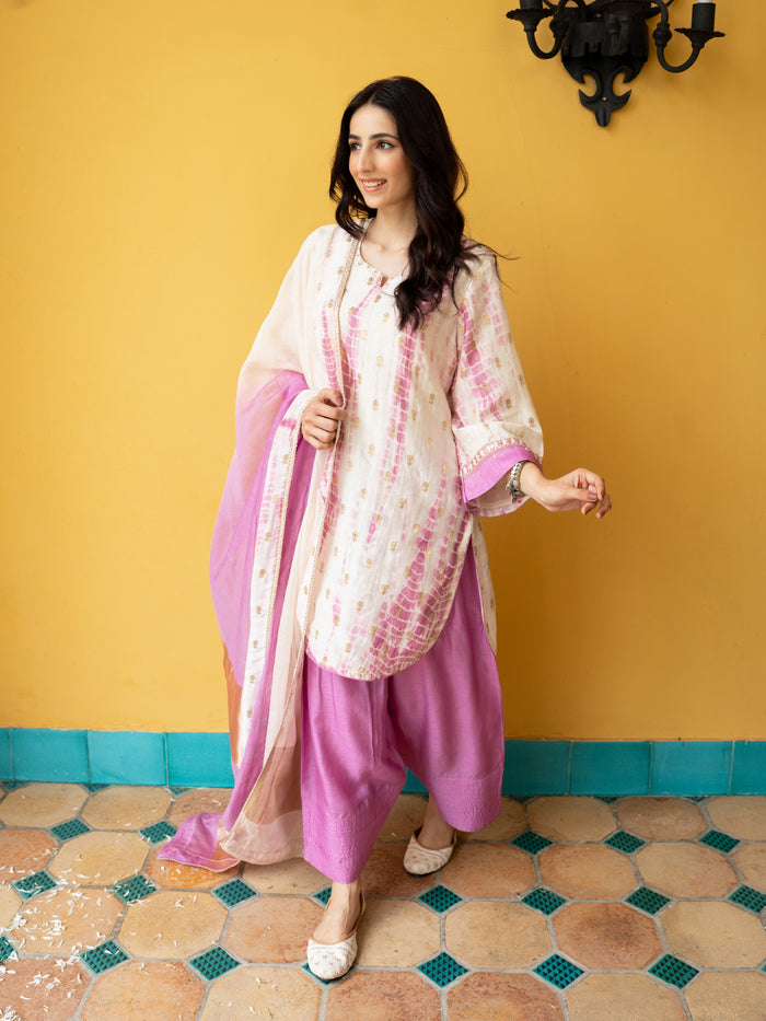 White & Pink Pure Banarasi Round Neck Complete Suit Set For Women's