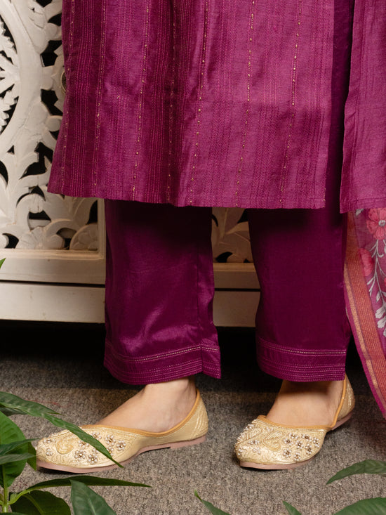 Wine Tussar Silk Handblock Print Round Neck Complete Suit Set For Women's