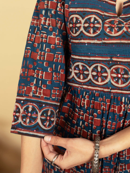 Indigo Colour Cotton Round With V-Neck Floral Print Mirror, Sequence And Pintucks