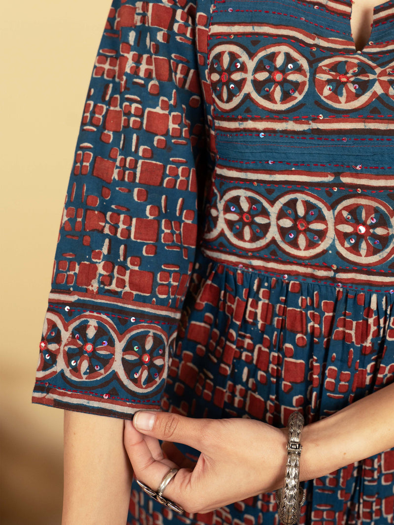 Indigo Colour Cotton Round With V-Neck Floral Print Mirror, Sequence And Pintucks