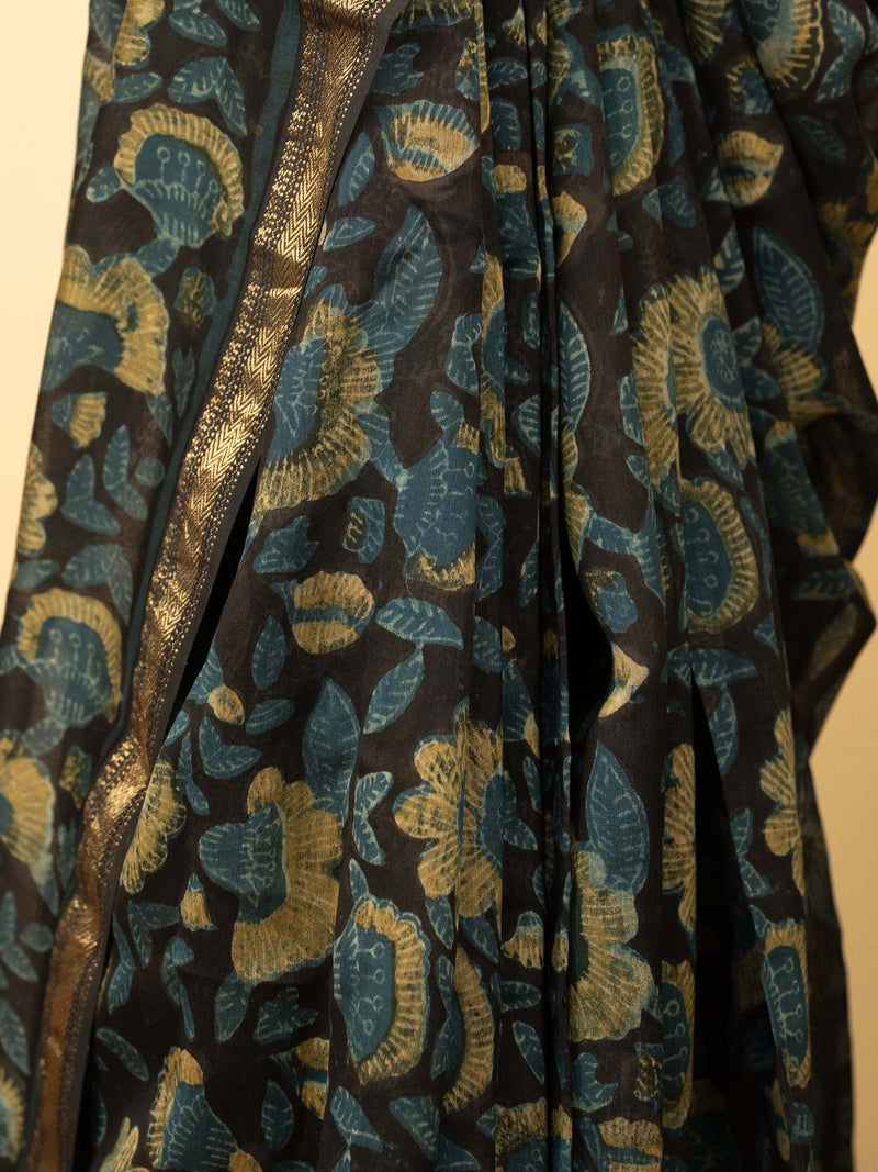 Black Color Chanderi Block Printed Saree