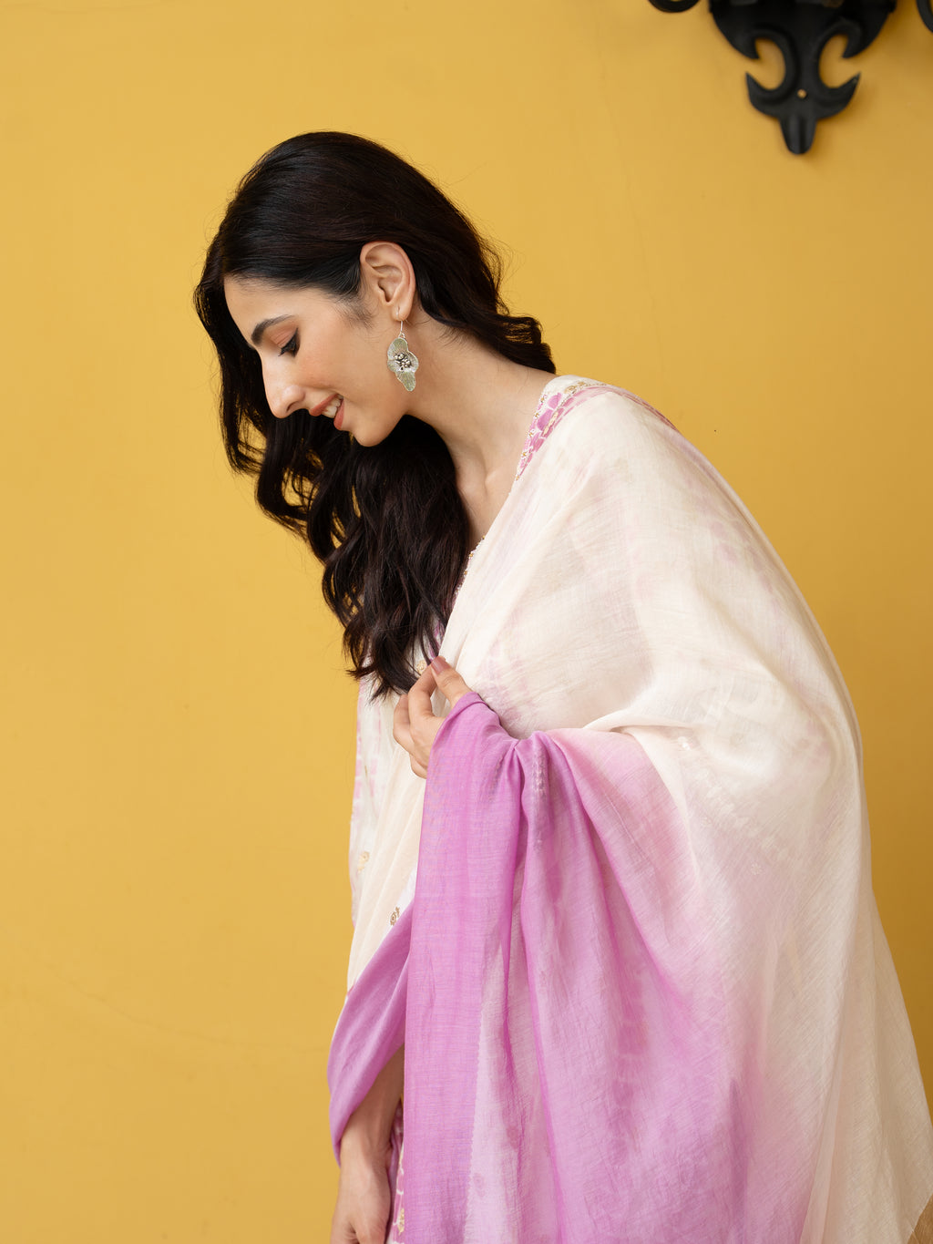 White & Pink Pure Banarasi Round Neck Complete Suit Set For Women's