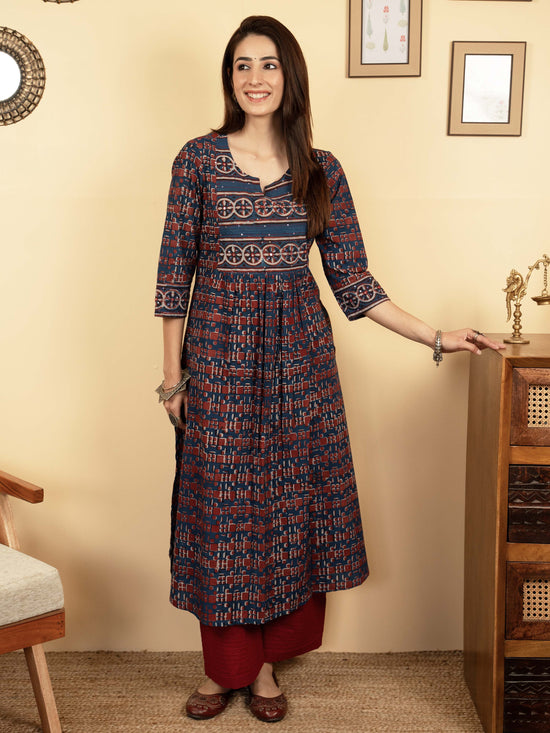 Indigo Colour Cotton Round With V-Neck Floral Print Mirror, Sequence And Pintucks