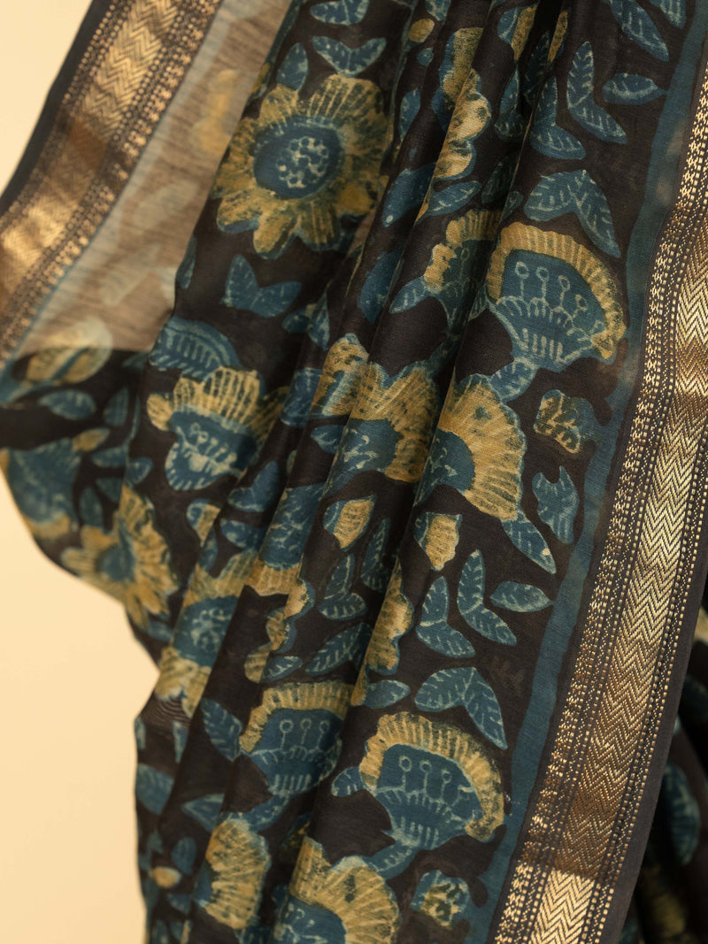 Black Color Chanderi Block Printed Saree