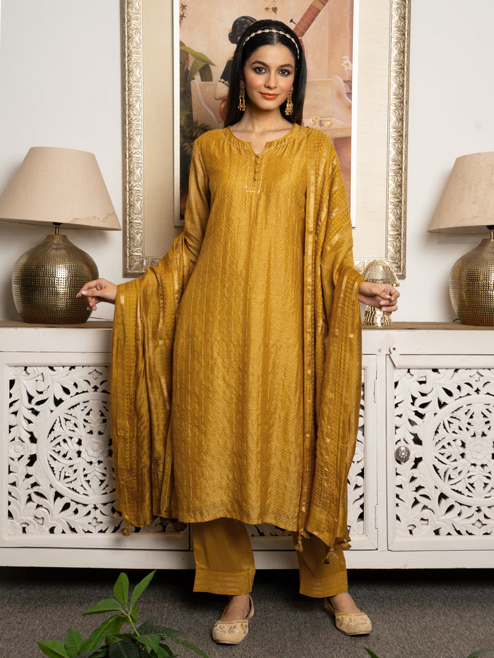 Mustard Tussar Silk Handblock Print Round With V-Neck Complete Suit Set For Women's