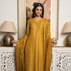 Mustard Tussar Silk Handblock Print Round With V-Neck Complete Suit Set For Women's