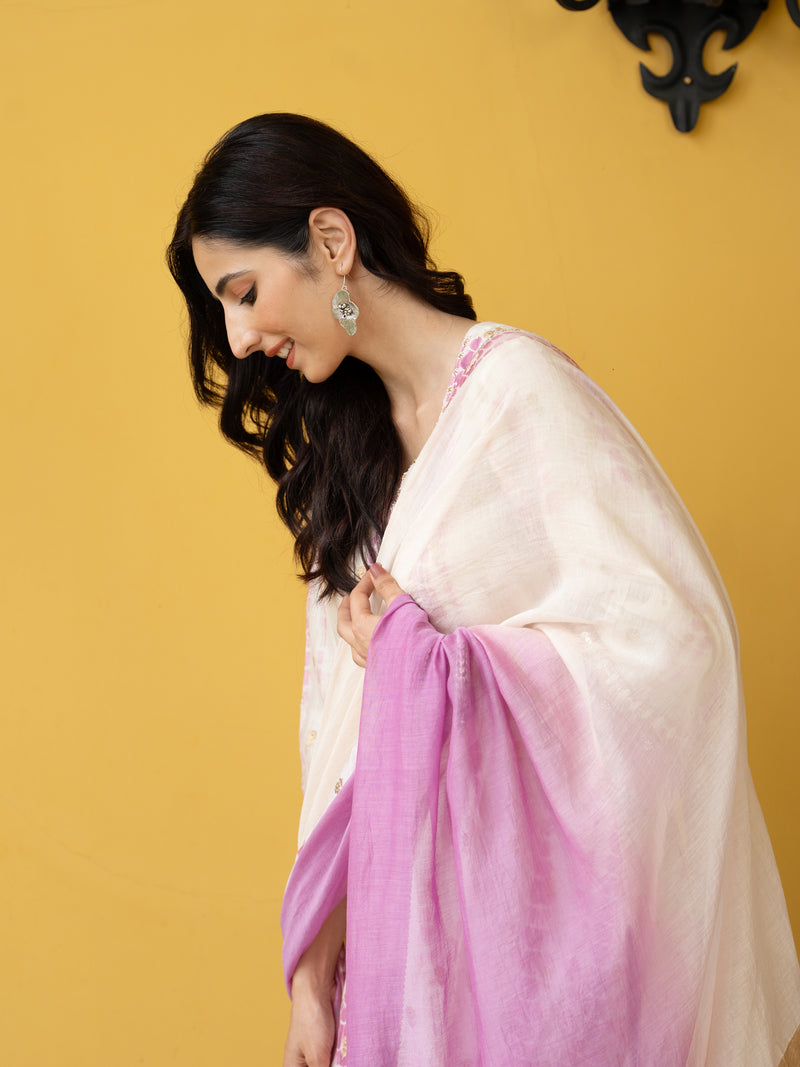 White & Pink Pure Banarasi Round Neck Complete Suit Set For Women's