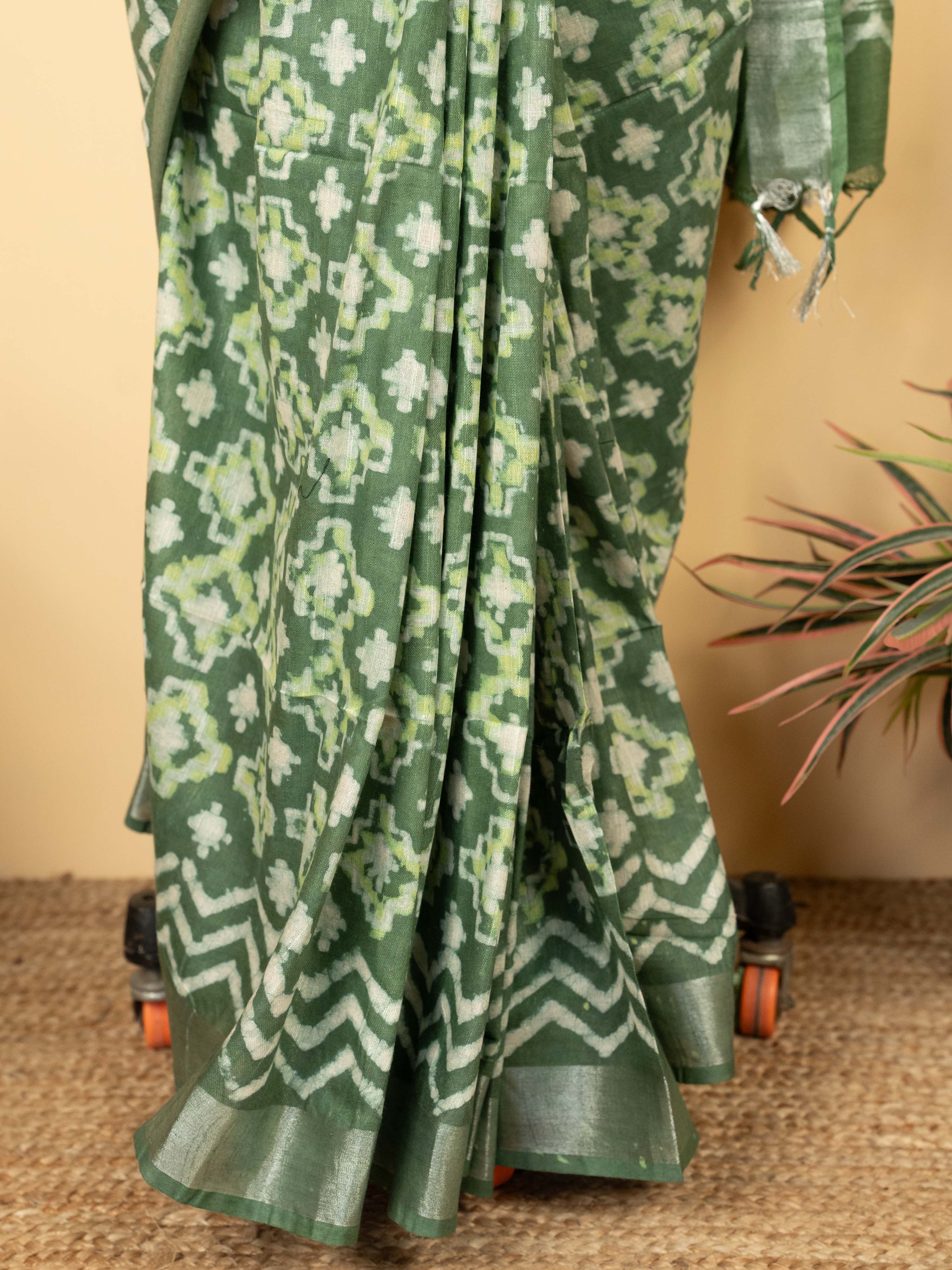 Olive Green Cotton Block Printed Saree