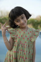 Green Cotton Printed Dress For Girls