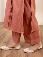 Peach Cotton Flax Hand Embroidery Kurta Pant Set For Women's