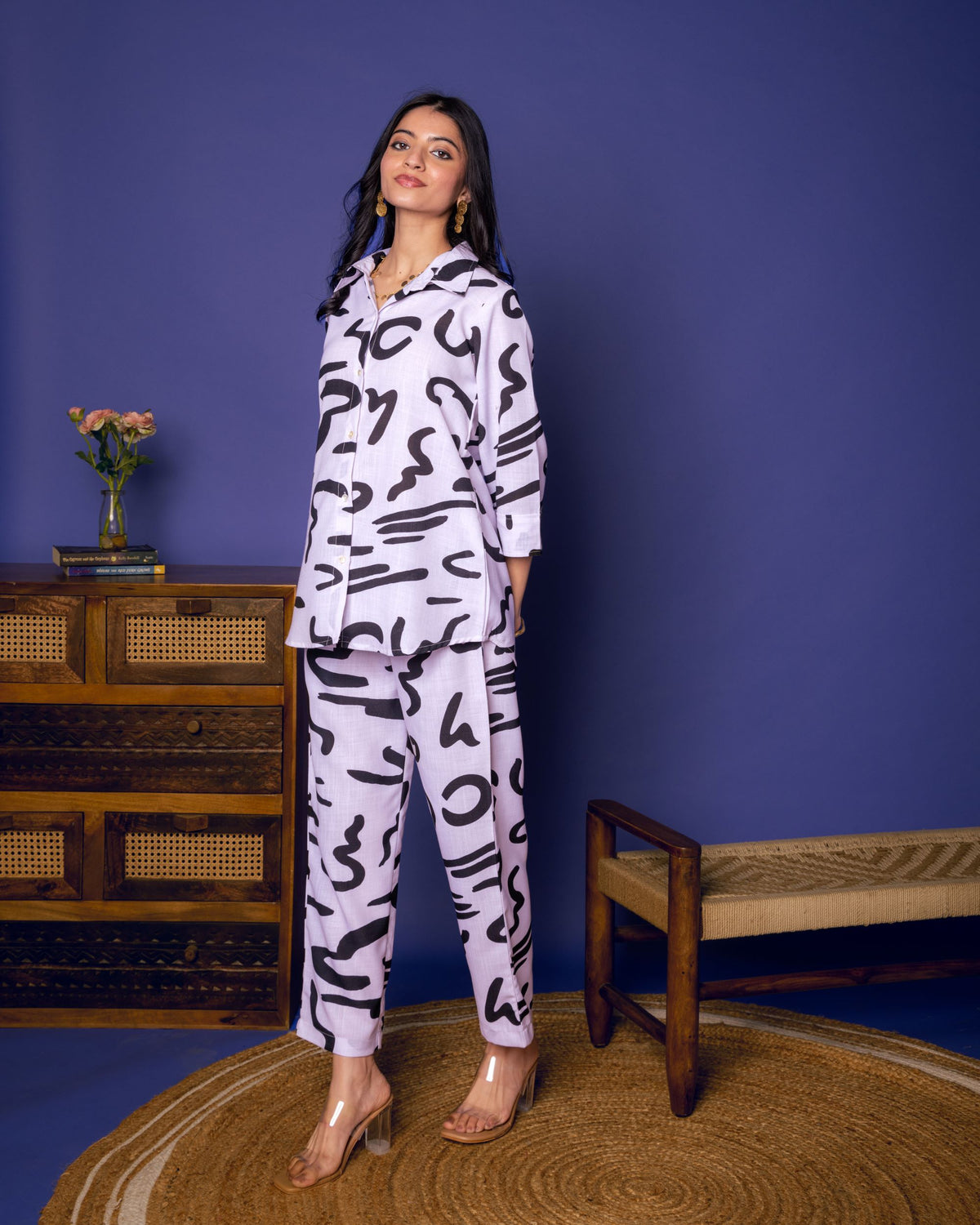 White Linen Blend Shirt Collar Abstract Print Co-Ord Set For Women's