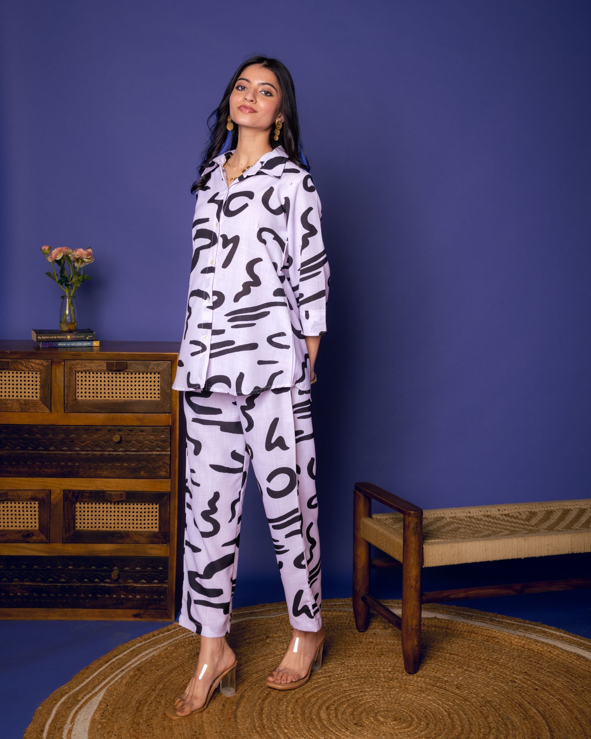White Linen Blend Shirt Collar Abstract Print Co-Ord Set For Women's