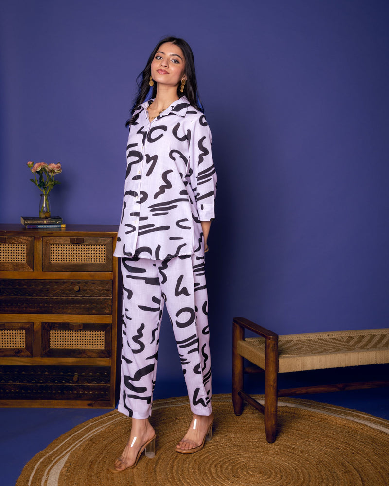 White Linen Blend Shirt Collar Abstract Print Co-Ord Set For Women's