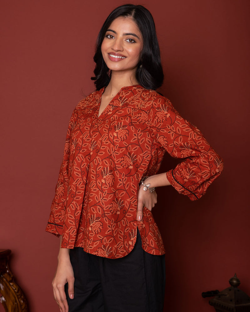 Rust Cotton Collar Bandhani Short Top For Women's