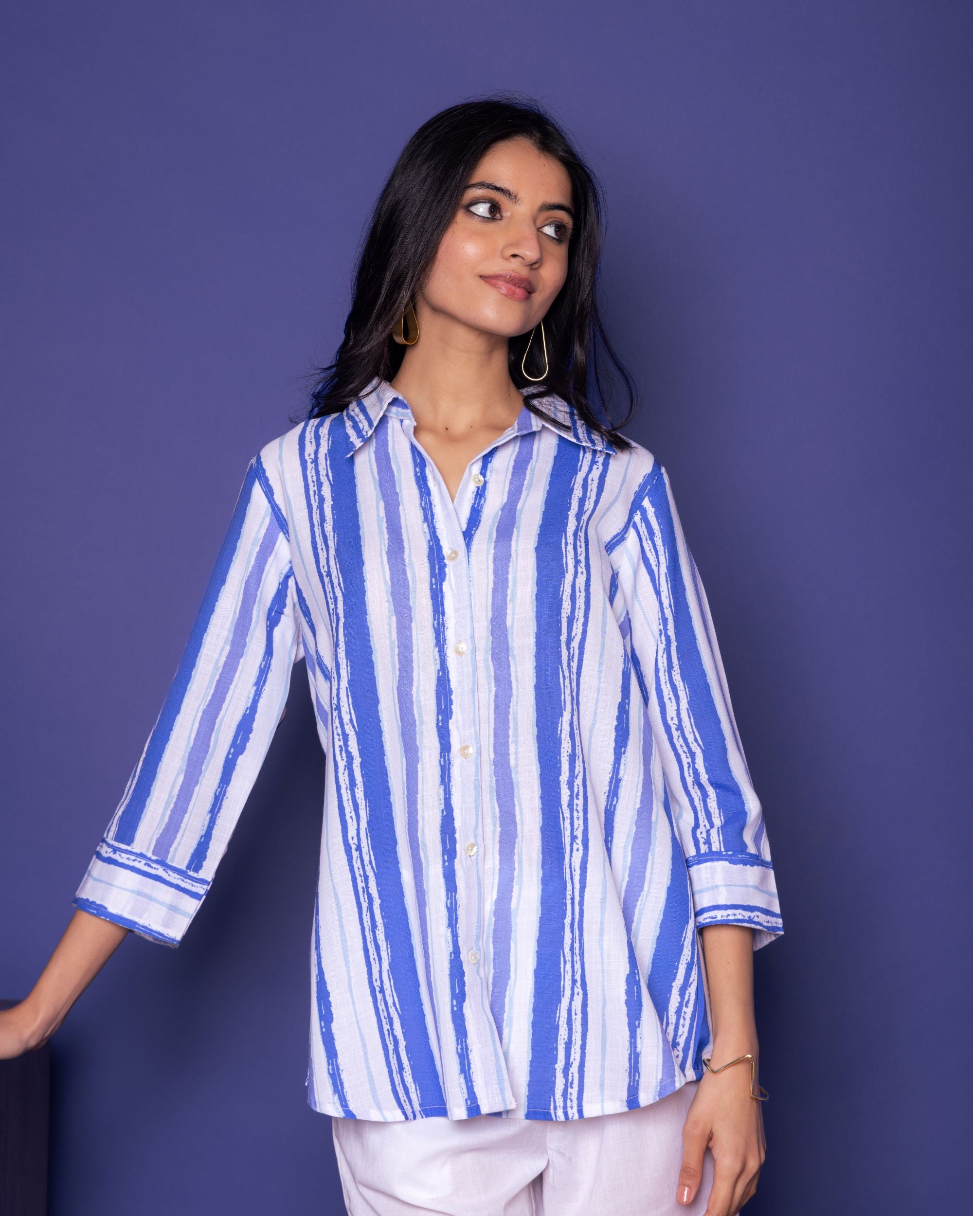 Multicoloured Linen Blend Shirt Collar Strips Short Top For WOMEN'S