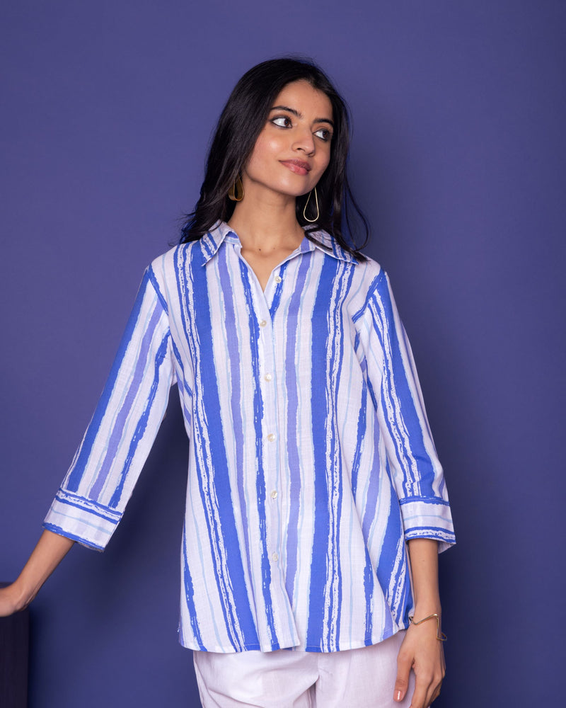 Multicoloured Linen Blend Shirt Collar Strips Short Top For WOMEN'S