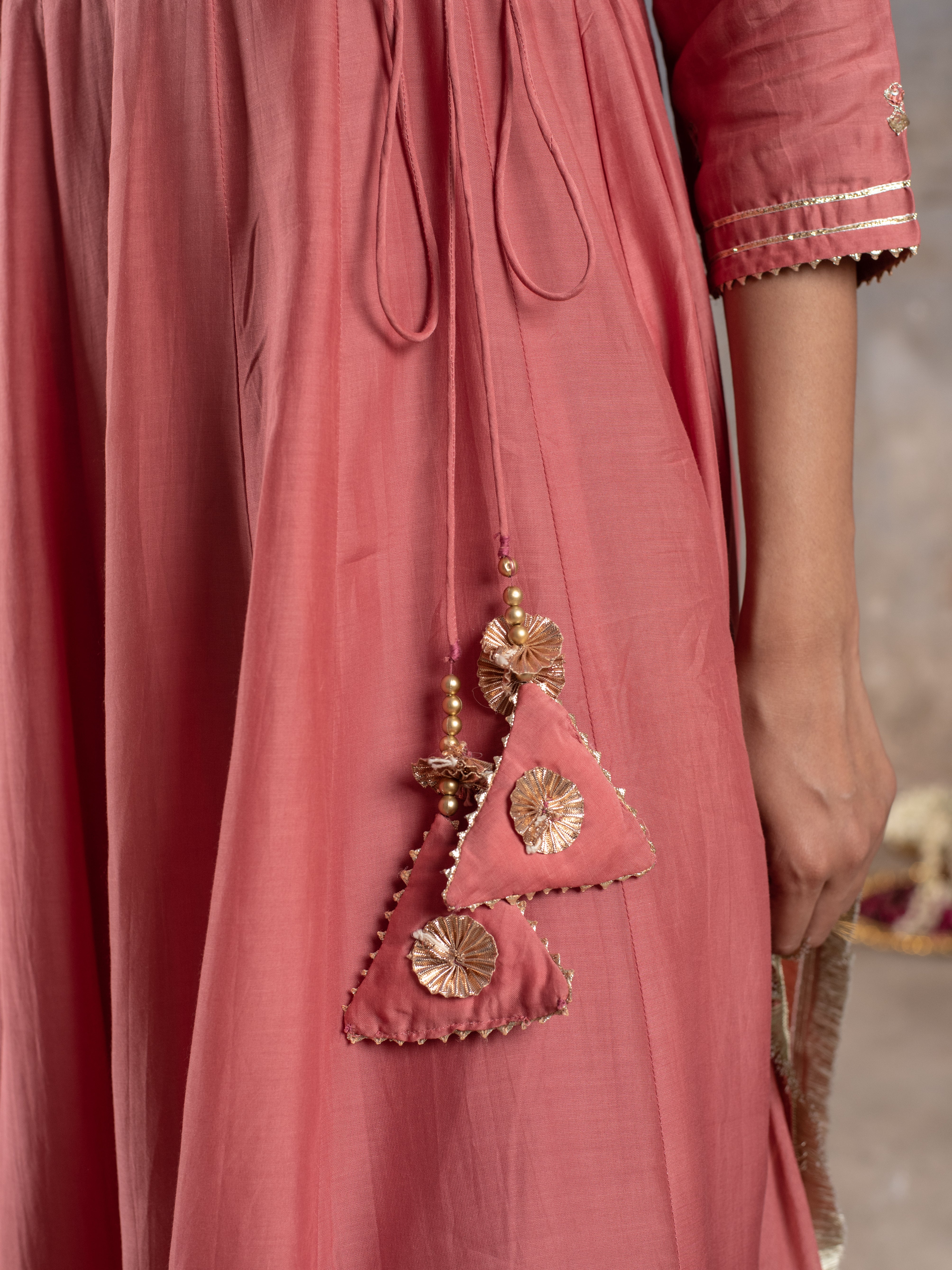 PEACH MUSLIN SILK ANGRAKHA NECK GOTA DORIYA DUPATTA FULL SET