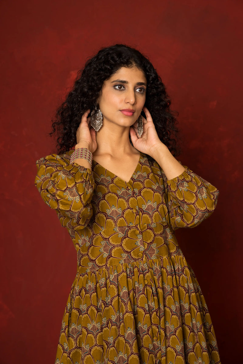 Light Brown Cotton V-Neck Dress For Women's