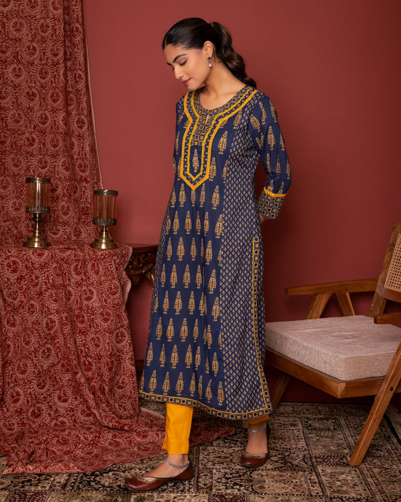Indigo Cotton Booti Printed Kurta For Women's