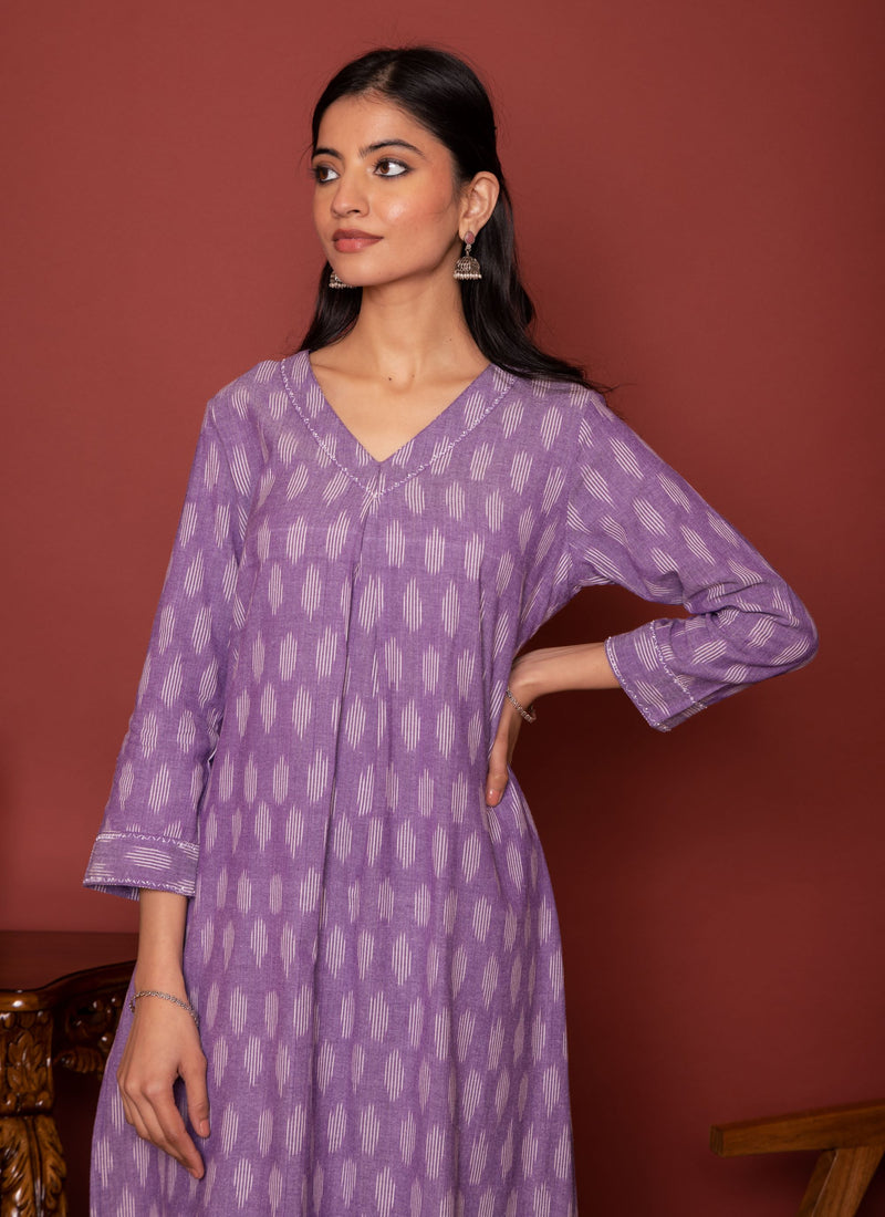 Purple Ikkat V-Neck Kurta For Women's