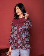 Marron Cotton Collar Short Top For Women's